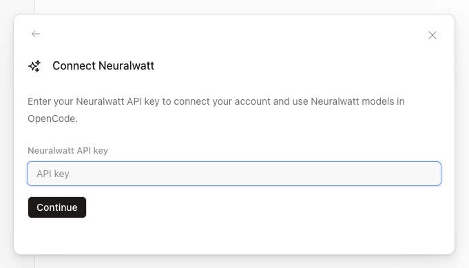 OpenCode Connect Neuralwatt dialog with API key field and Continue button