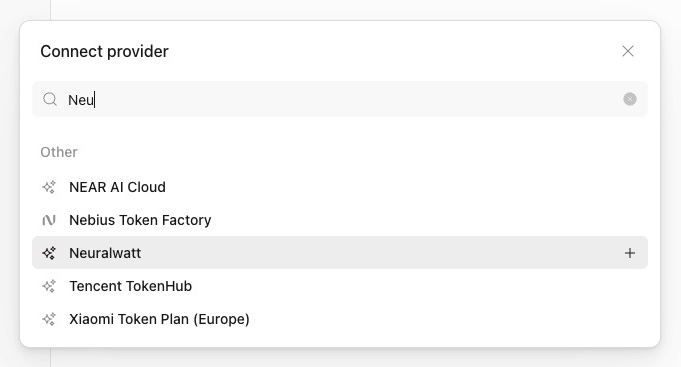 OpenCode Connect provider dialog with Neuralwatt highlighted in search results