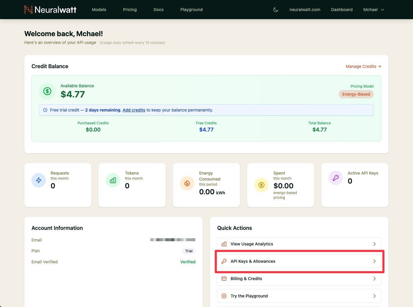 Neuralwatt portal dashboard showing Quick Actions with API Keys & Allowances