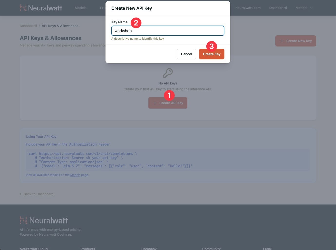 Create New API Key dialog with Key Name field set to workshop