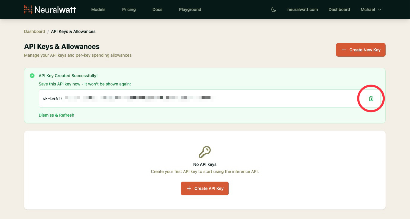 API Key Created Successfully dialog with copy to clipboard button