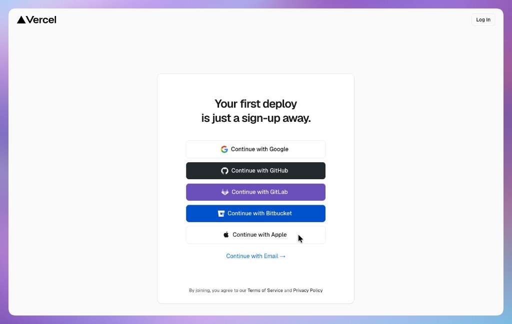 Vercel sign-up page with Continue with GitHub and other provider buttons